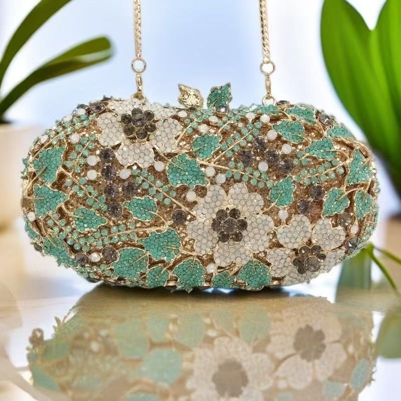 Women Bags Green - Dompet Malam Clutch Kristal Hijau/Putih Wanita